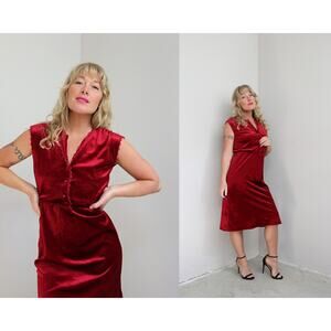1970's Vintage Burgundy Velvet Midi Lace Trimmed Party Dress ~ Women's XS SM MD